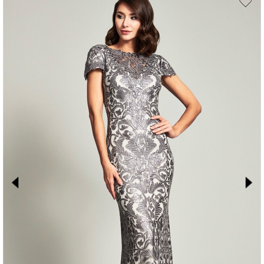 Tadashi Shoji Silver Lace Wedding Dress - Picture 2 of 8